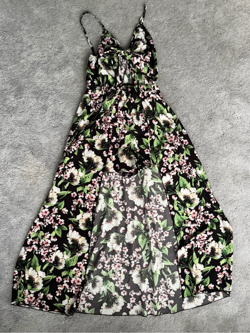 Floral Black Romper Maxi Dress with Green and Pink Print